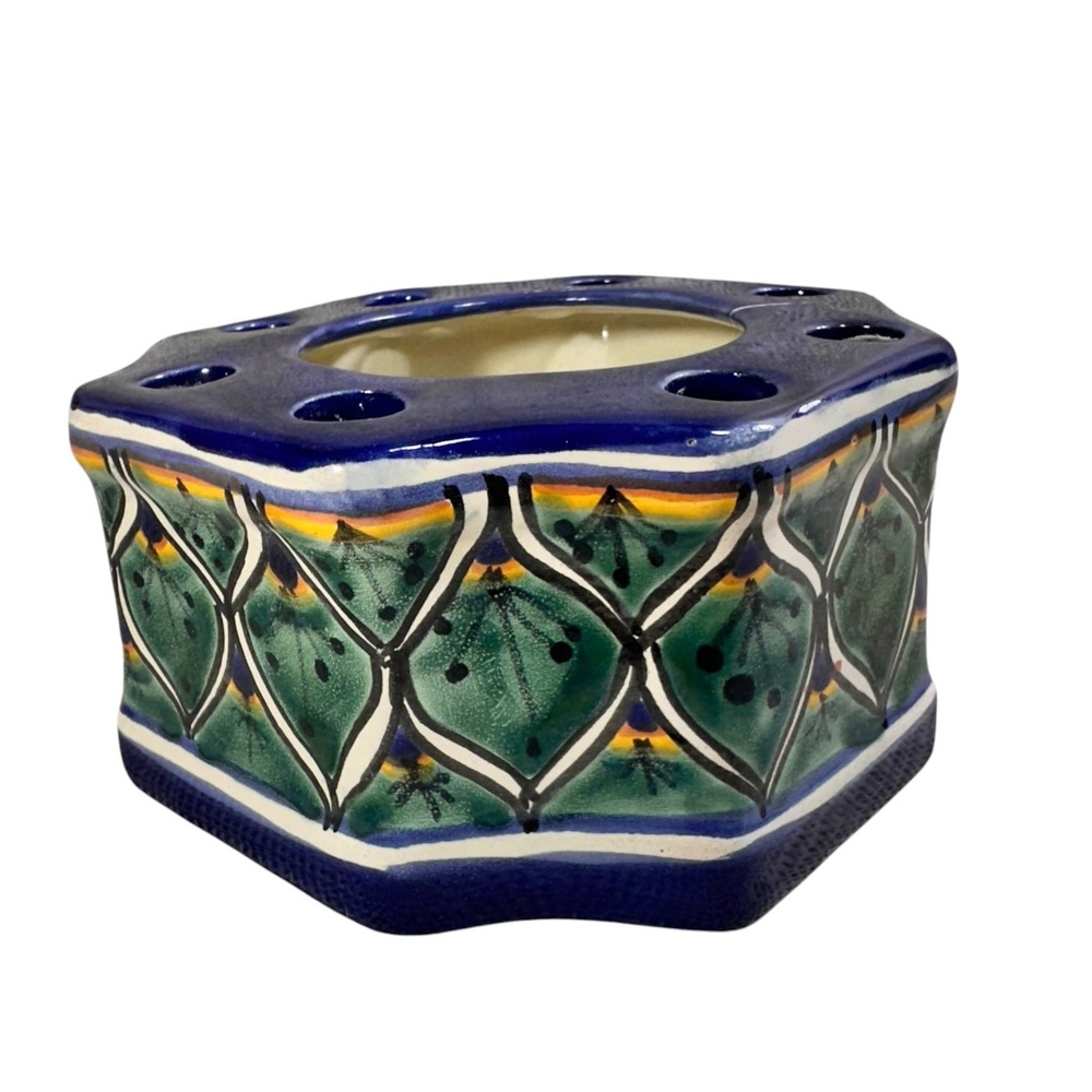 Mexican Talavera Pottery Flower Frog Octagon Ceramic Vase Hand Painted Blue